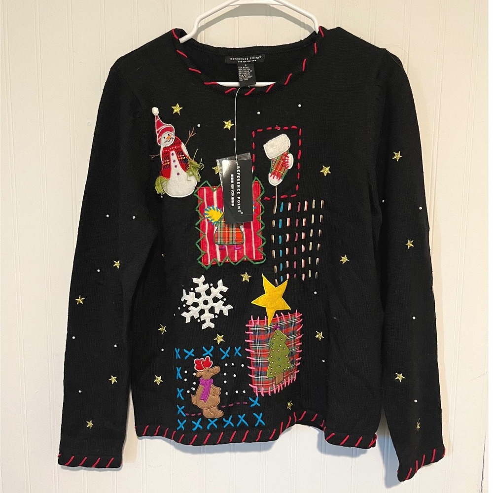 Reference Point Ugly Christmas Sweater Women S Black NEW Patchwork Snowman Star